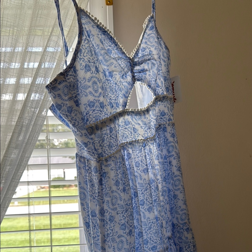 Elegant Blue and White Chemise with Sheer Details